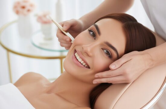 Eine Frau mit makelloser Haut, die auf einer Liege liegt und eine Gesichtsbehandlung bekommt.