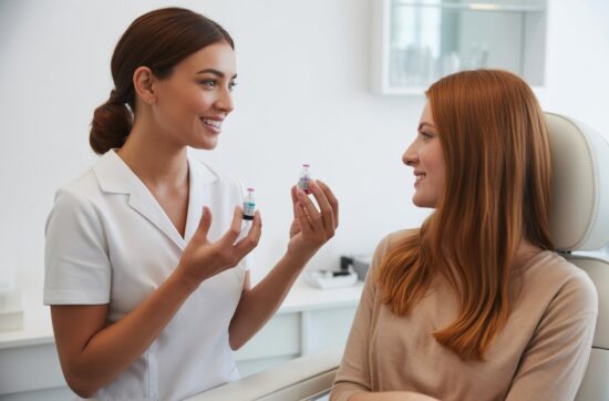 Heilpraktikerin hält Nadel in der Hand und berät Kundin