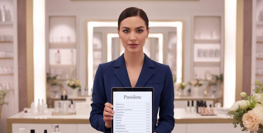 Eine selbstbewusste Kosmetikerin steht hinter der Rezeption, in der Hand hält sie ein Preisschild