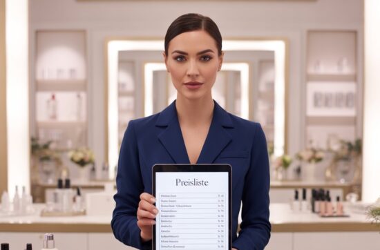 Eine selbstbewusste Kosmetikerin steht hinter der Rezeption, in der Hand hält sie ein Preisschild