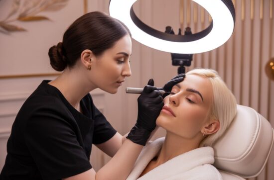 Eine Frau behandelt ihre Kundin mit Microneedling