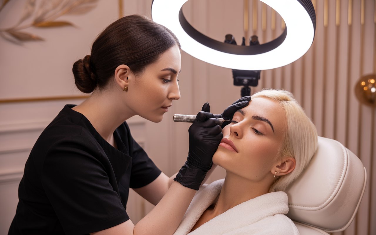 Eine Kosmetikerin, die konzentriert eine Microblading Behandlung bei einer Kundin ausübt.
